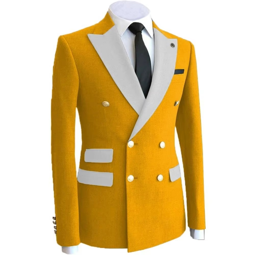 Formal Wear For Men Yellow - ชุดสูทสีเหลืองสำหรับเจ้าบ่าว งานปาร์ตี้ เสื้อโค้ทกระดุมสองแถว ชุดแต่งงานผู้ชาย เบลเซอร์ ทักซิโด้