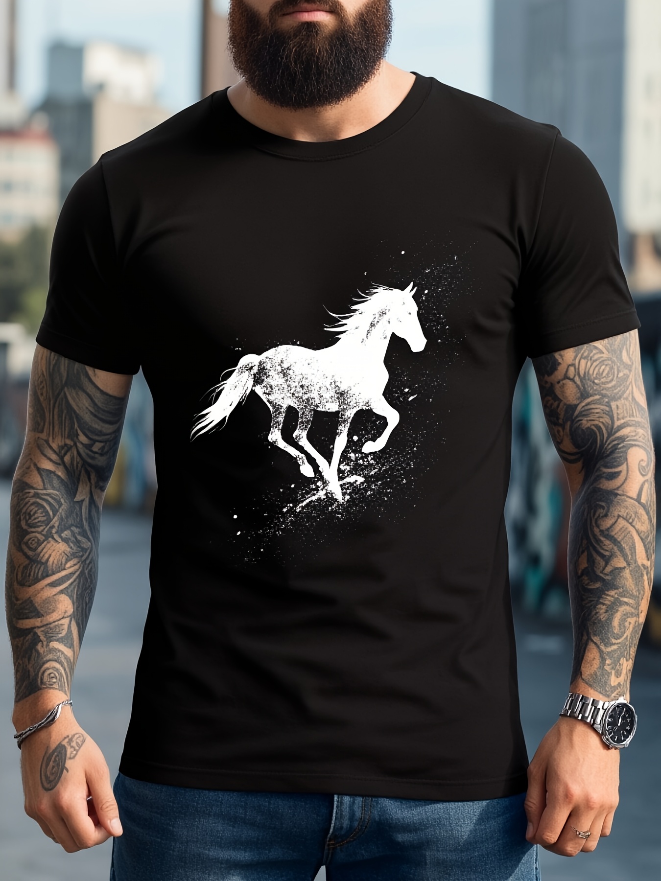 Tall Men Formal Wear - เสื้อยืดพิมพ์ลายม้าวิ่งสำหรับผู้ชาย แขนสั้นทรงปกติระบายอากาศได้ดี เสื้อยืดลายม้าพร้อมดีไซน์หางม้าวิ่ง เหมาะสำหรับสวมใส่ลำลองและเป็นทางการ สวมใส่สบายตลอดทั้งปี เสื้อยืดคอกลมแขนสั้นสไตล์วินเทจอเนกประสงค์พร้อมลายพิมพ์