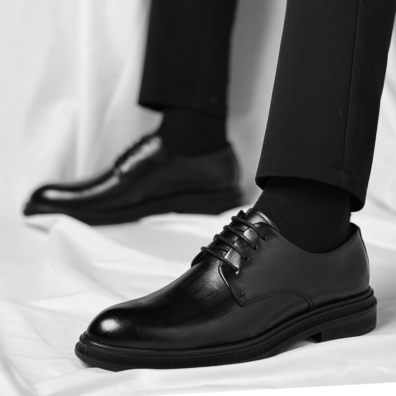 Men Formal Wear All Black - รองเท้าเดอร์บี้หนังแท้สีดำสำหรับผู้ชาย หัวแหลม มีเชือกผูก พื้นหนา เหมาะสำหรับงานทางการ ธุรกิจ