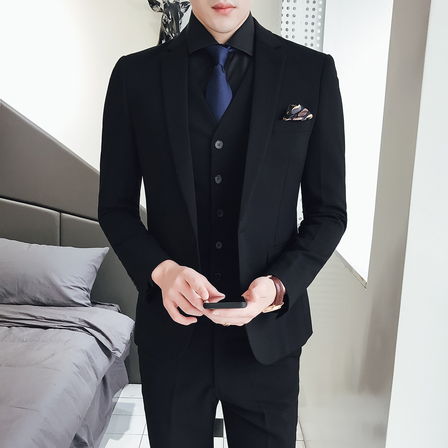 Men'S Formal Wear Not Suit - ชุดสูทสามชิ้นสำหรับผู้ชาย รุ่นเกาหลี ทรงเข้ารูป สไตล์ลำลอง ชุดทางการ ทันสมัยและดูดีสำหรับเจ้าบ่าว