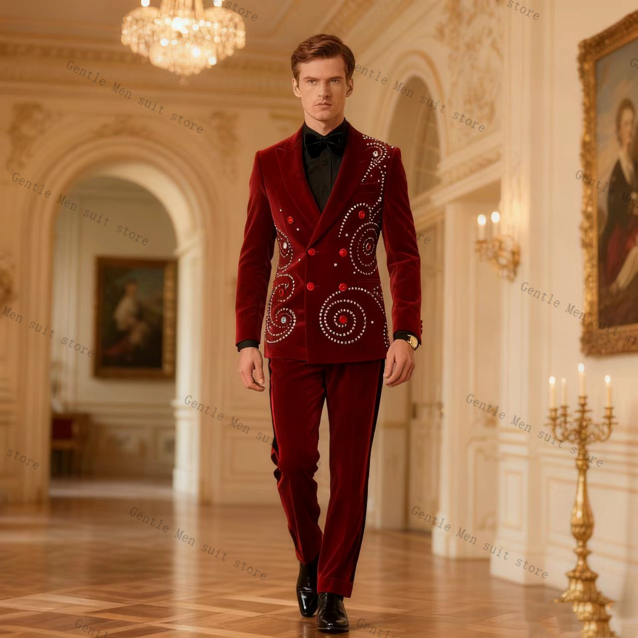 Men Formal Wear Red - ชุดสูทผู้ชายกำมะหยี่สีแดงคริสตัล 2 ชิ้น เสื้อสูท+กางเกงขายาว ชุดเจ้าบ่าว ชุดทักซิโด้