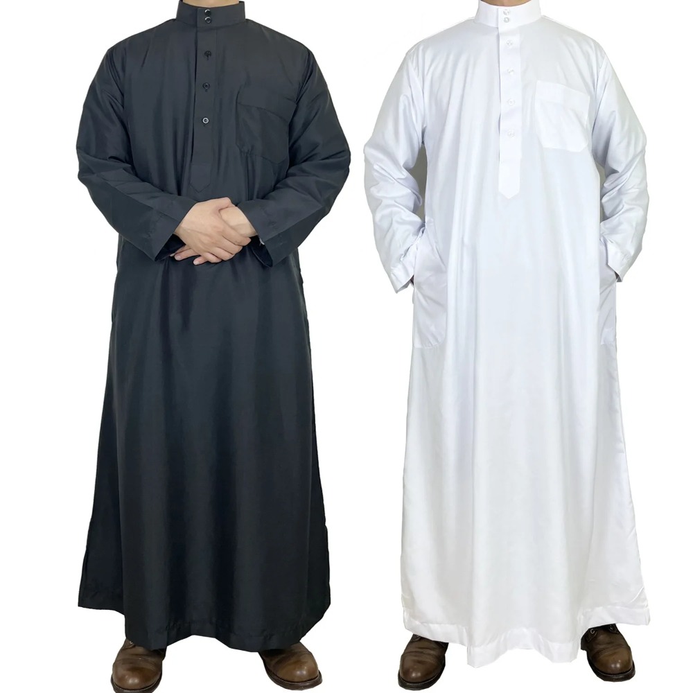 Men Formal Wear Dubai - เสื้อคลุมยาวแบบอาหรับสำหรับผู้ชาย ผ้าโพลีเอสเตอร์ คอตั้ง มีกระเป๋า สไตล์กาตาร์ ตะวันออกกลาง