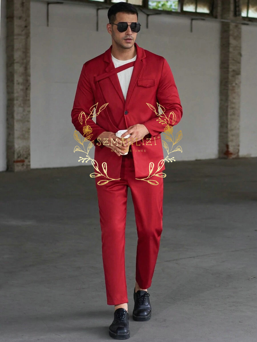 Men Formal Wear Red - แฟชั่นสบายๆชุดผู้ชายสีแดง Tuxedo Notched Lapel Blazer ชุดที่กําหนดเองสวมใส่อย่างเป็นทางการพรหมชุดราตรี