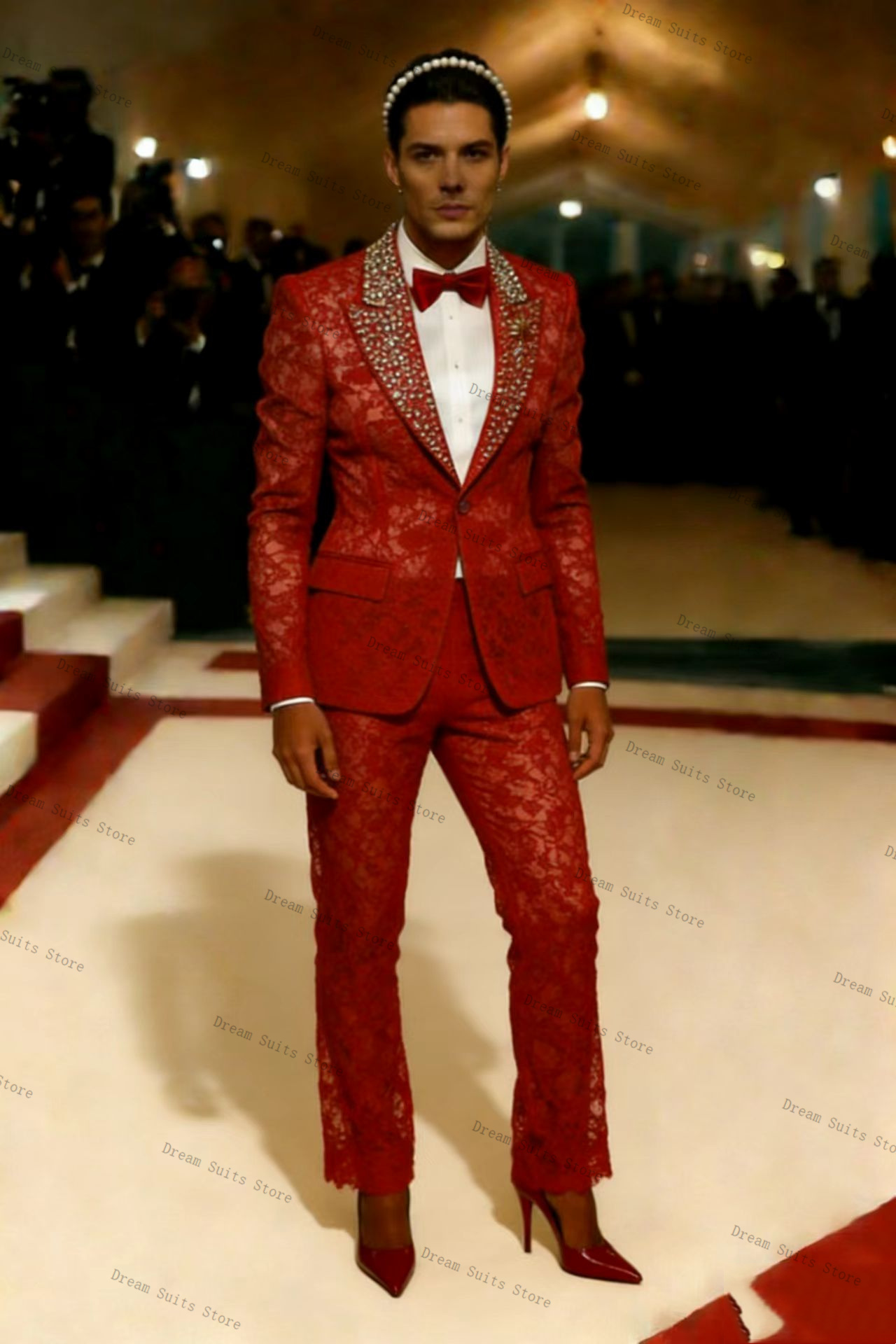 Men Formal Wear Red - ชุดสูทผู้ชายสีทอง 2 ชิ้น เสื้อเบลเซอร์+กางเกงขายาว ผ้าฝ้ายสีแดงสั่งตัดได้ แจ็คเก็ตสำหรับงานทางการ